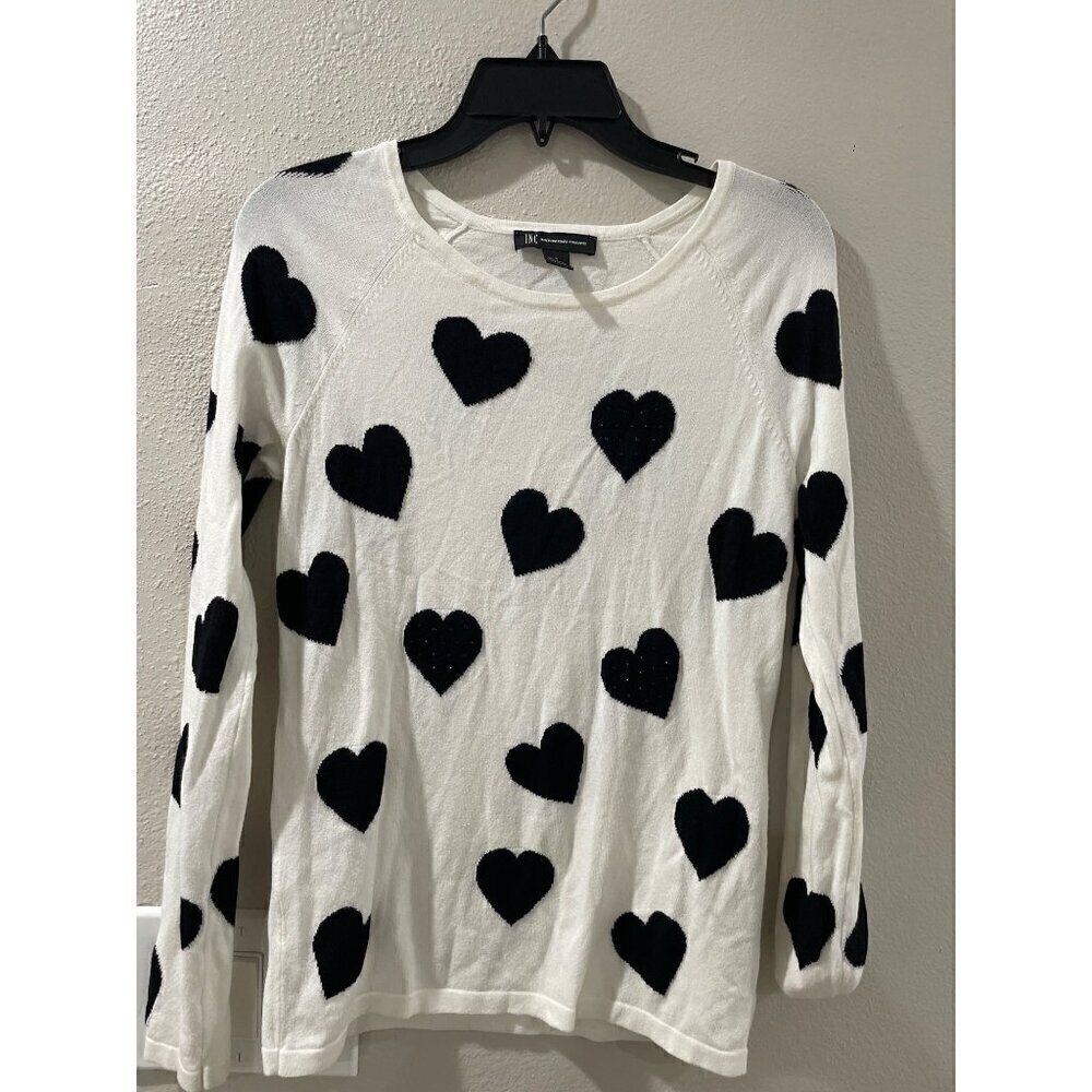 INC WOMENS WHITE & Black heart top Romantic SPARKLING BLOUSE SIZE S